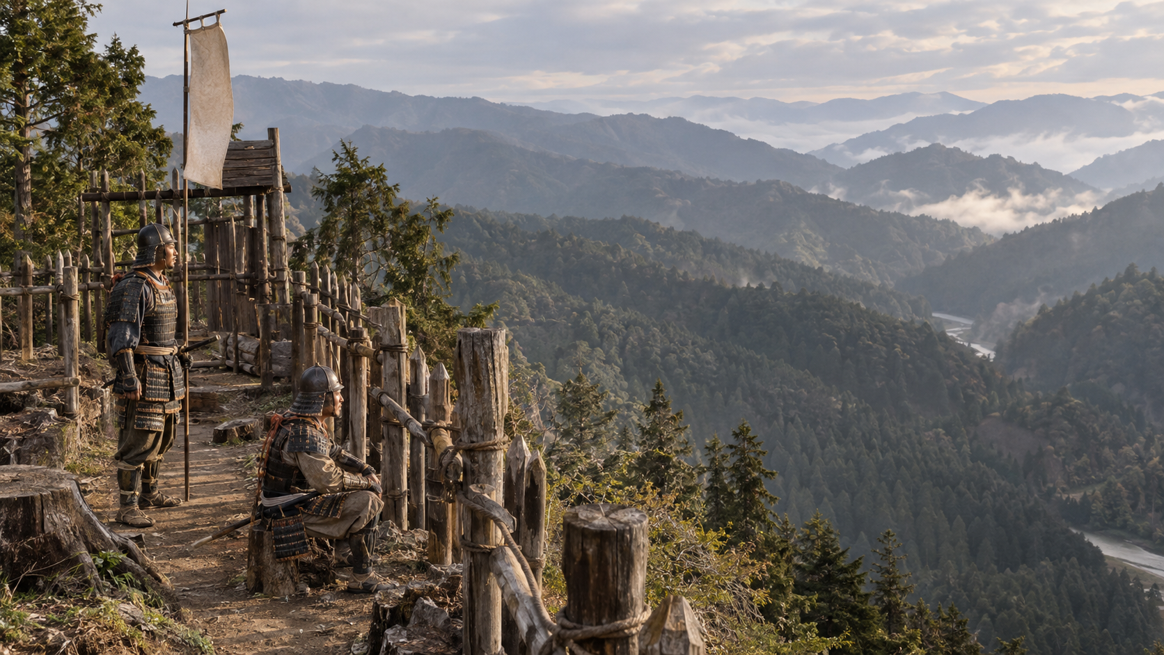 Imagined warriors beside wooden defenses on a ridge; not the documented layout of Chihaya Castle.