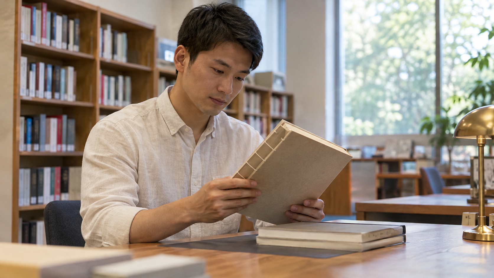 An imagined present-day reader holding a book; not a facsimile of Taiheiki or an authentic historical manuscript.