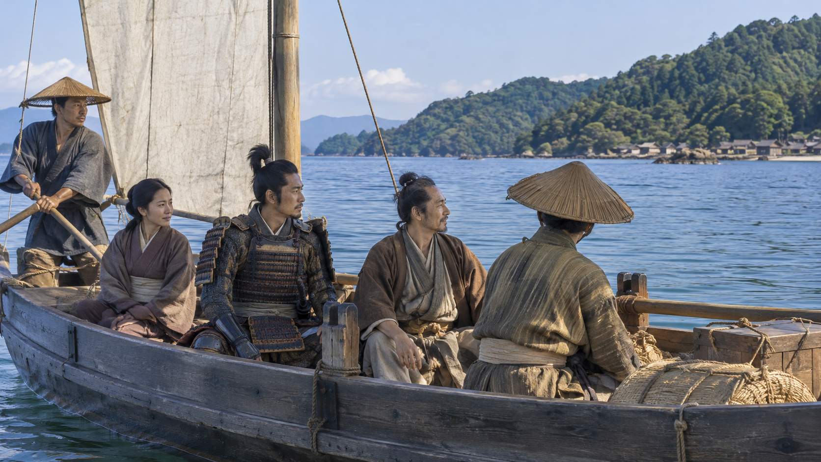 Imagined medieval travelers in a wooden boat; not Go-Daigo’s portrait, a documented crossing or an exact sea route.