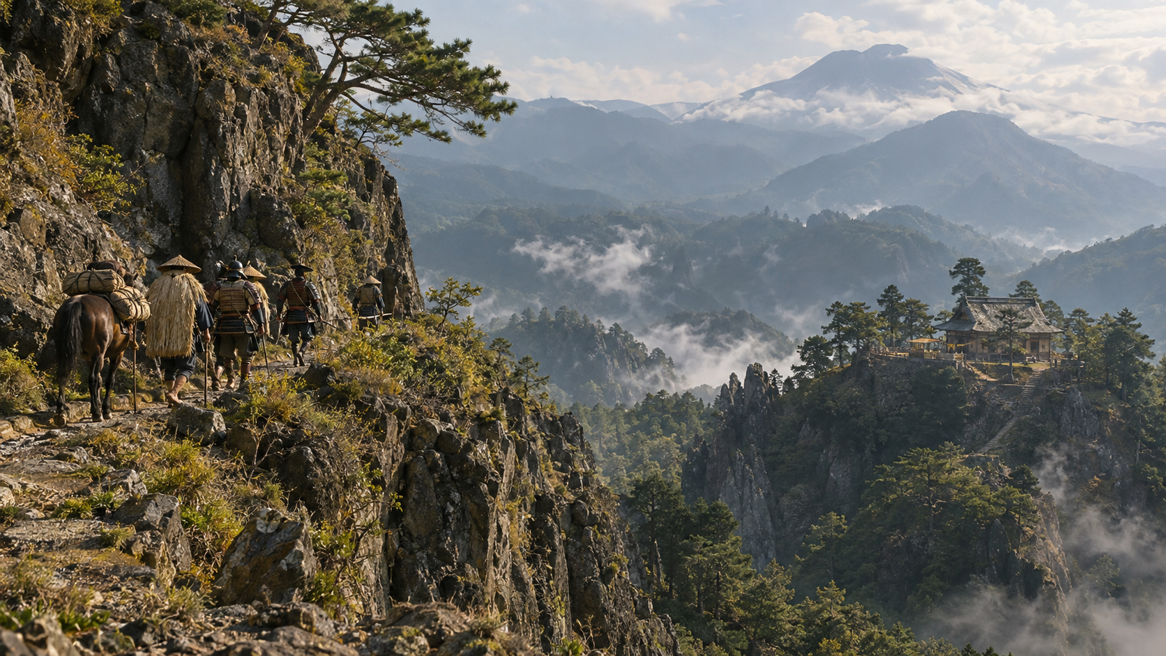 Imagined travelers in a steep mountain landscape; not the confirmed location of the imperial residence on Mount Senjō.