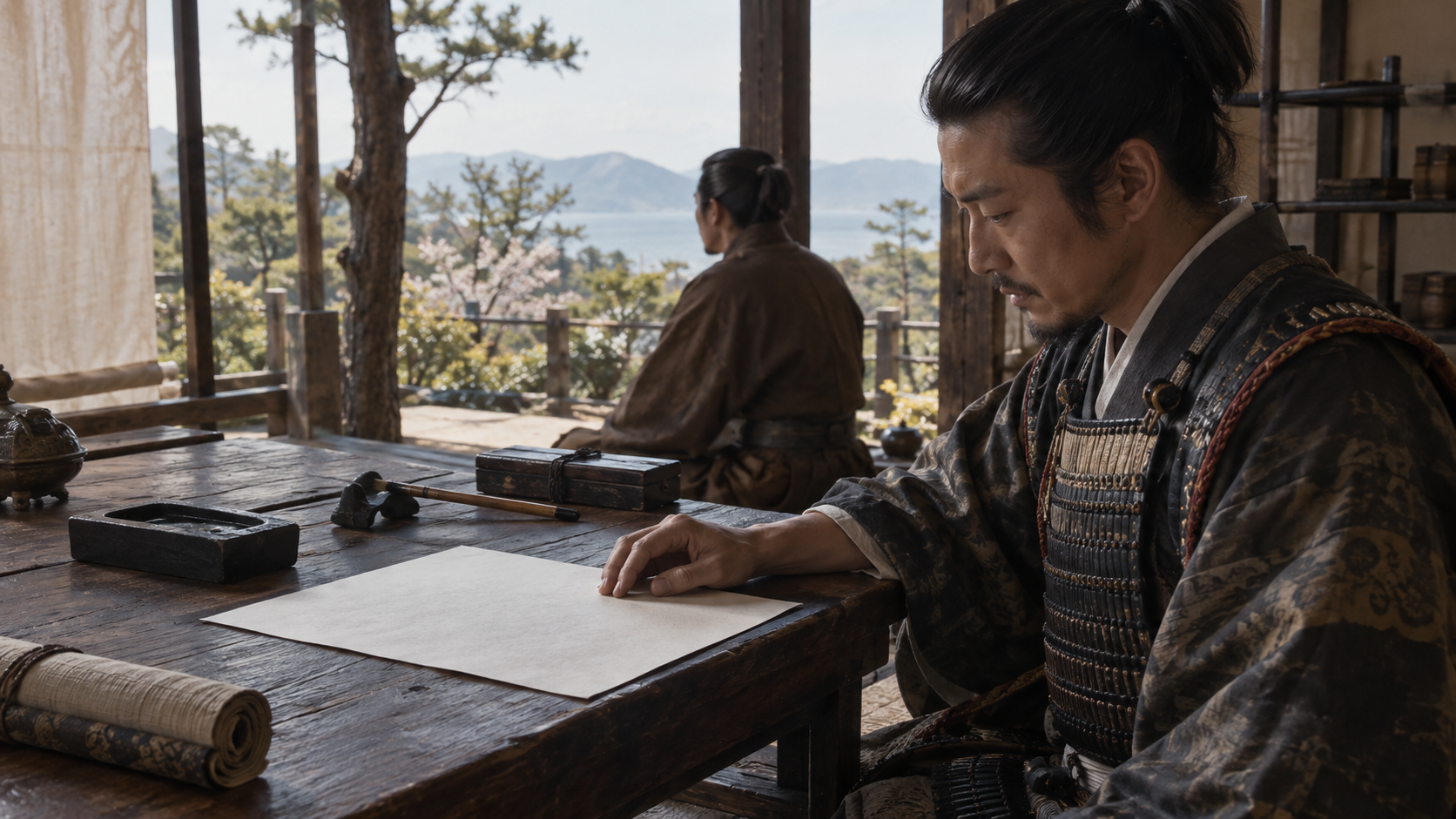 Imagined period figures with paper and writing tools; not a facsimile or reconstruction of Go-Daigo writing the Aimi document.