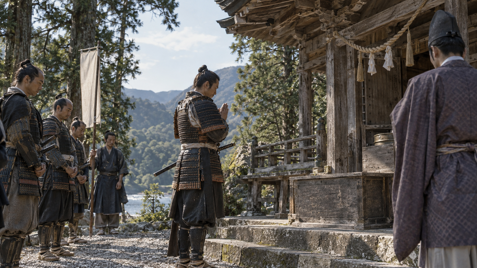 Imagined warriors before a shrine; not Takauji’s portrait or a photograph of Shinomura Hachimangū.