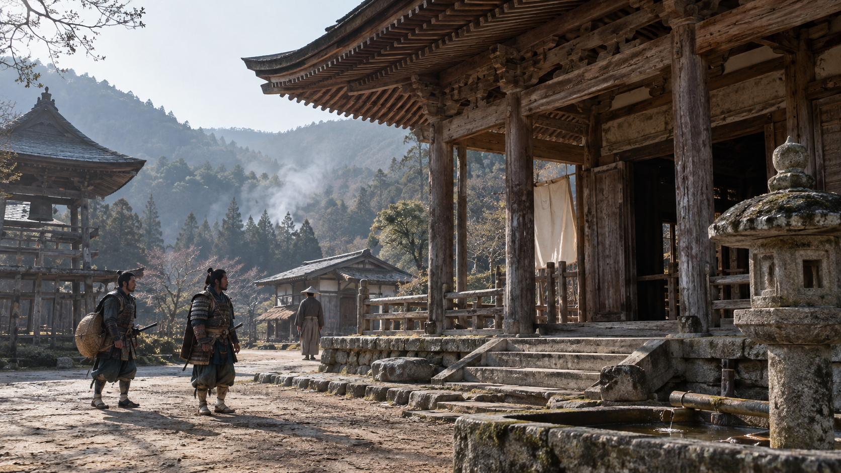 An imagined medieval temple courtyard; not a photograph or exact reconstruction of Tōshōji or its destruction.