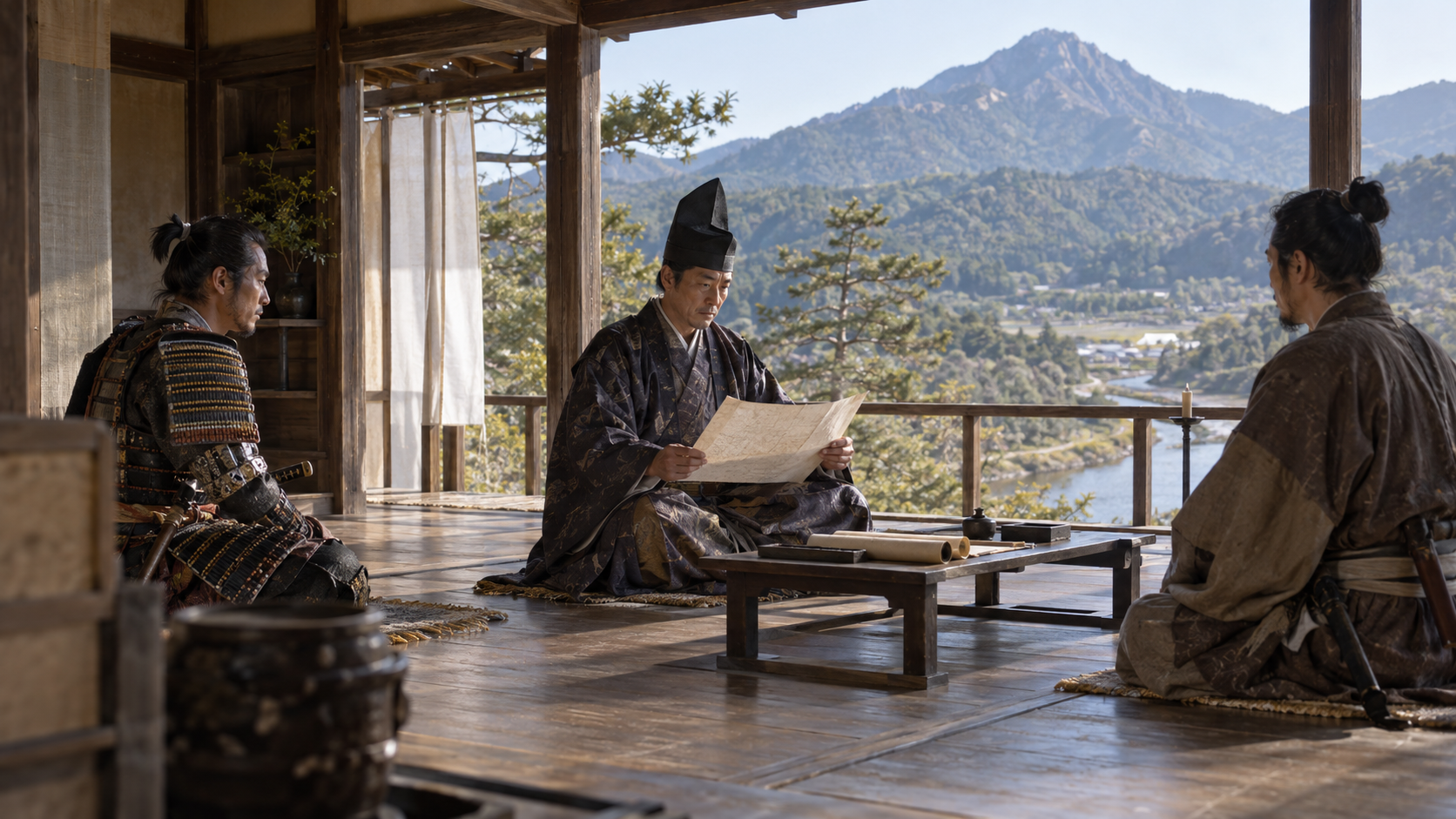 Imagined court and warrior figures with a document in a mountain-facing room; not a recorded council or proof of political unity.