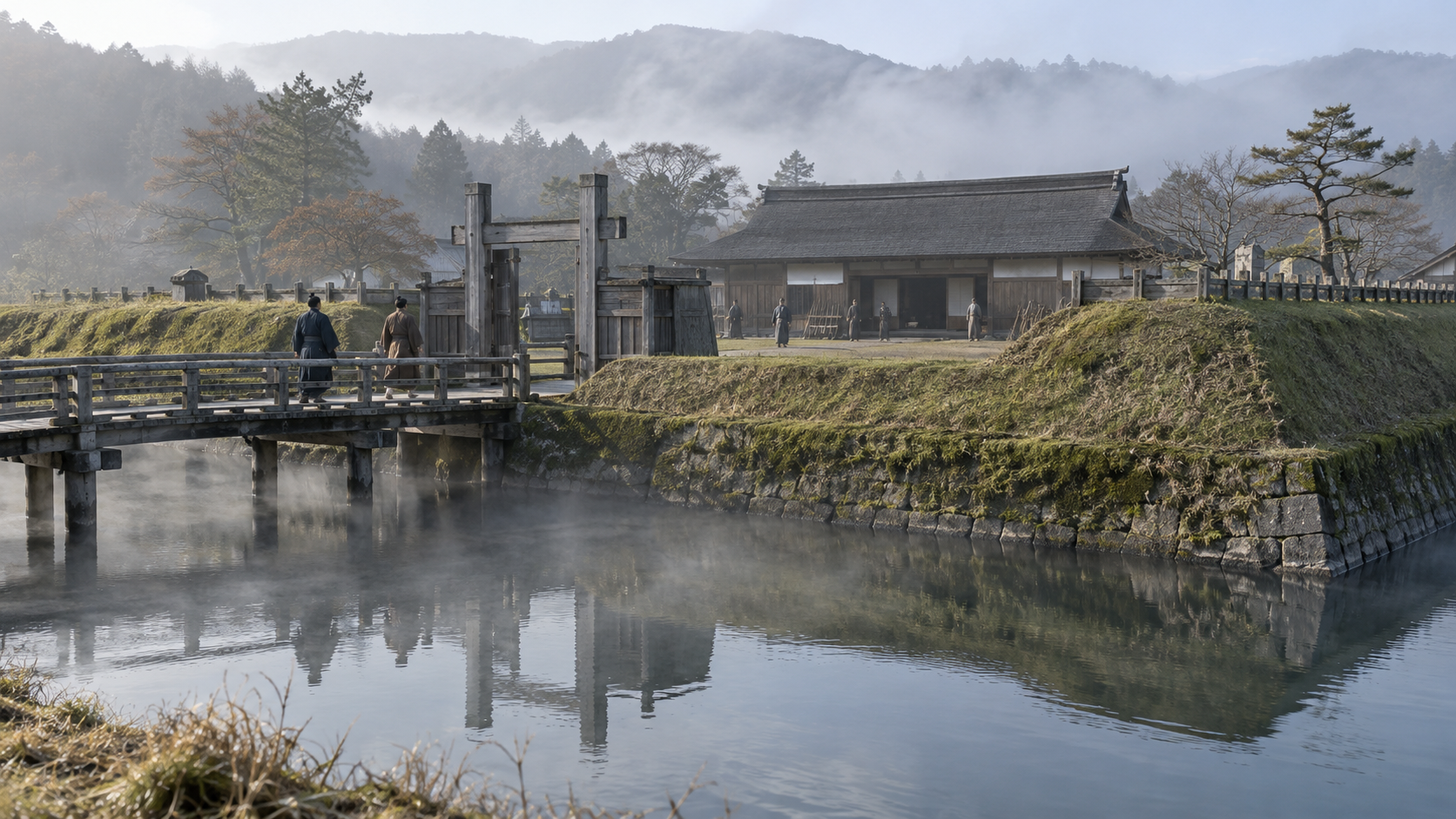 内陸の堀と低い土塁の向こうに木造庁舎が見える創作情景