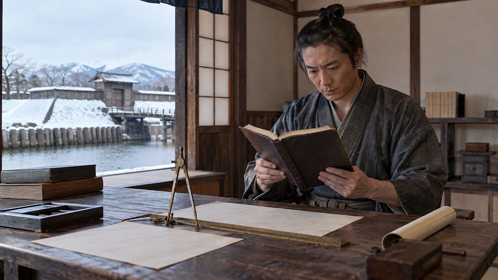 本と模型を前に計画を検討する人物の創作情景