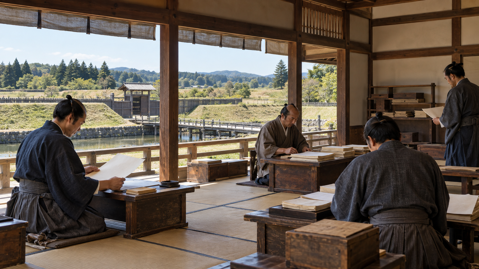 土塁のそばの木造庁舎で働く役人たちの創作情景