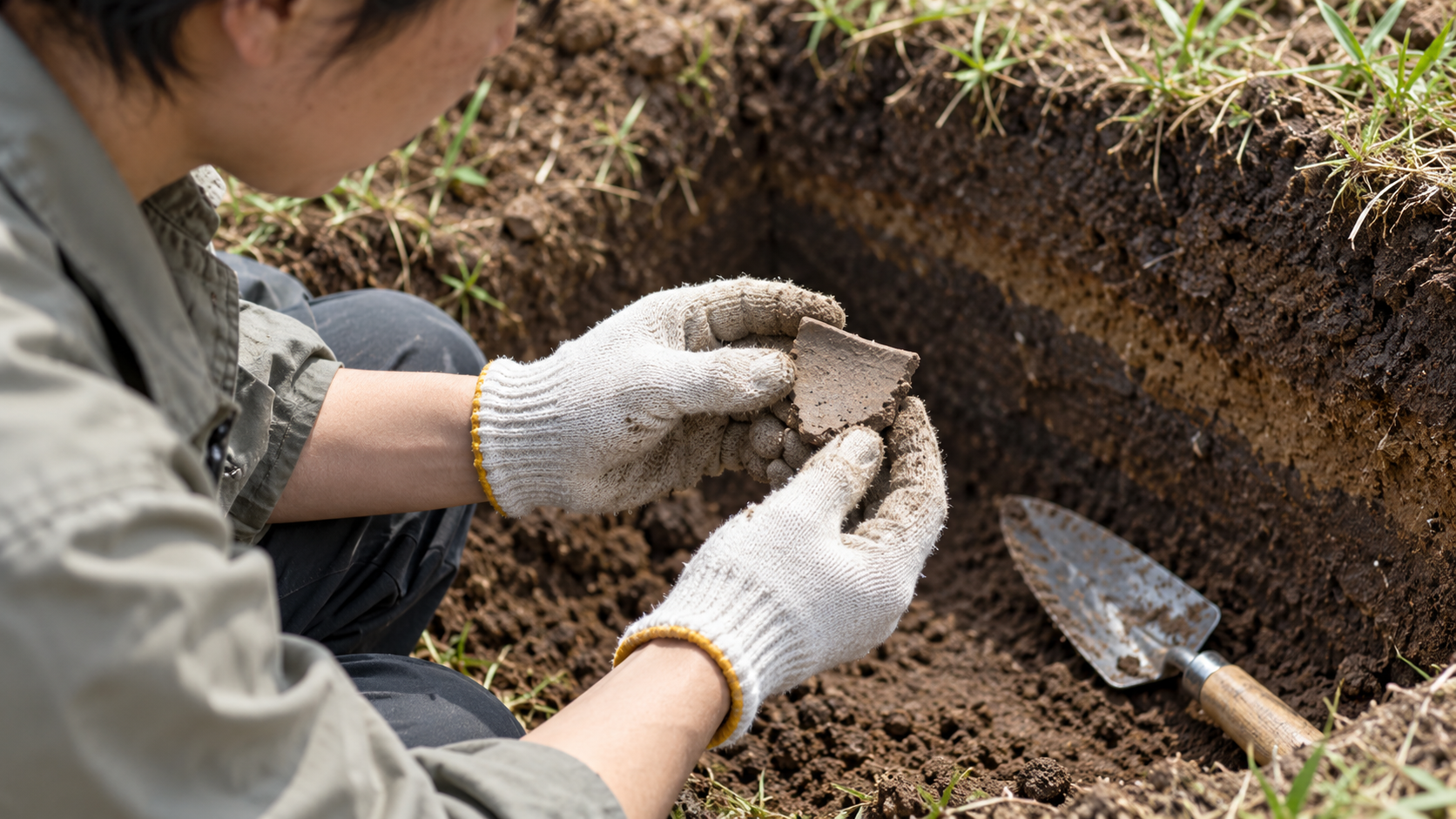 現代の調査者が土器片を扱う創作情景