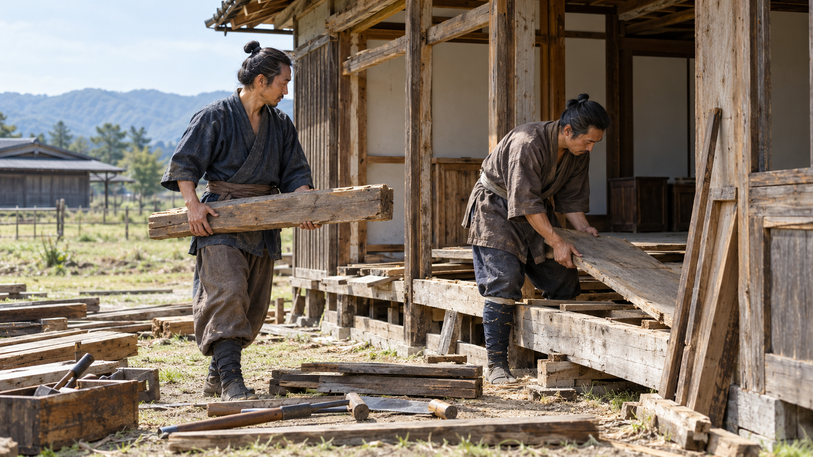 木造建築を解体する人々の創作情景