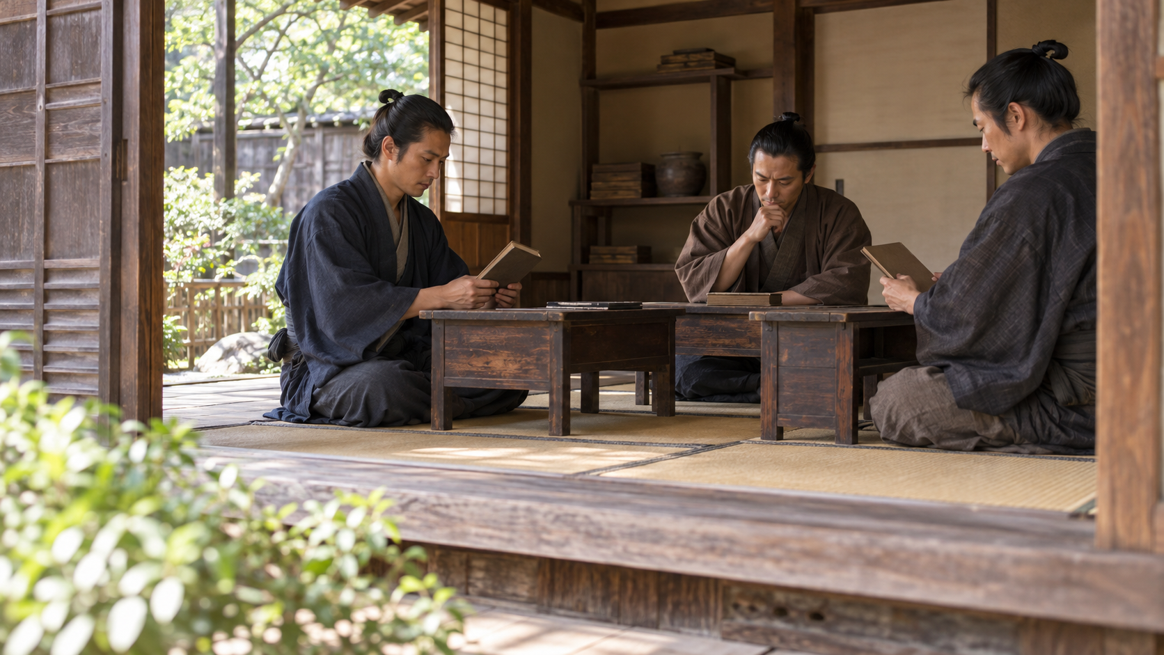 座敷の低い机を囲み冊子を読む匿名の大人三人の創作情景