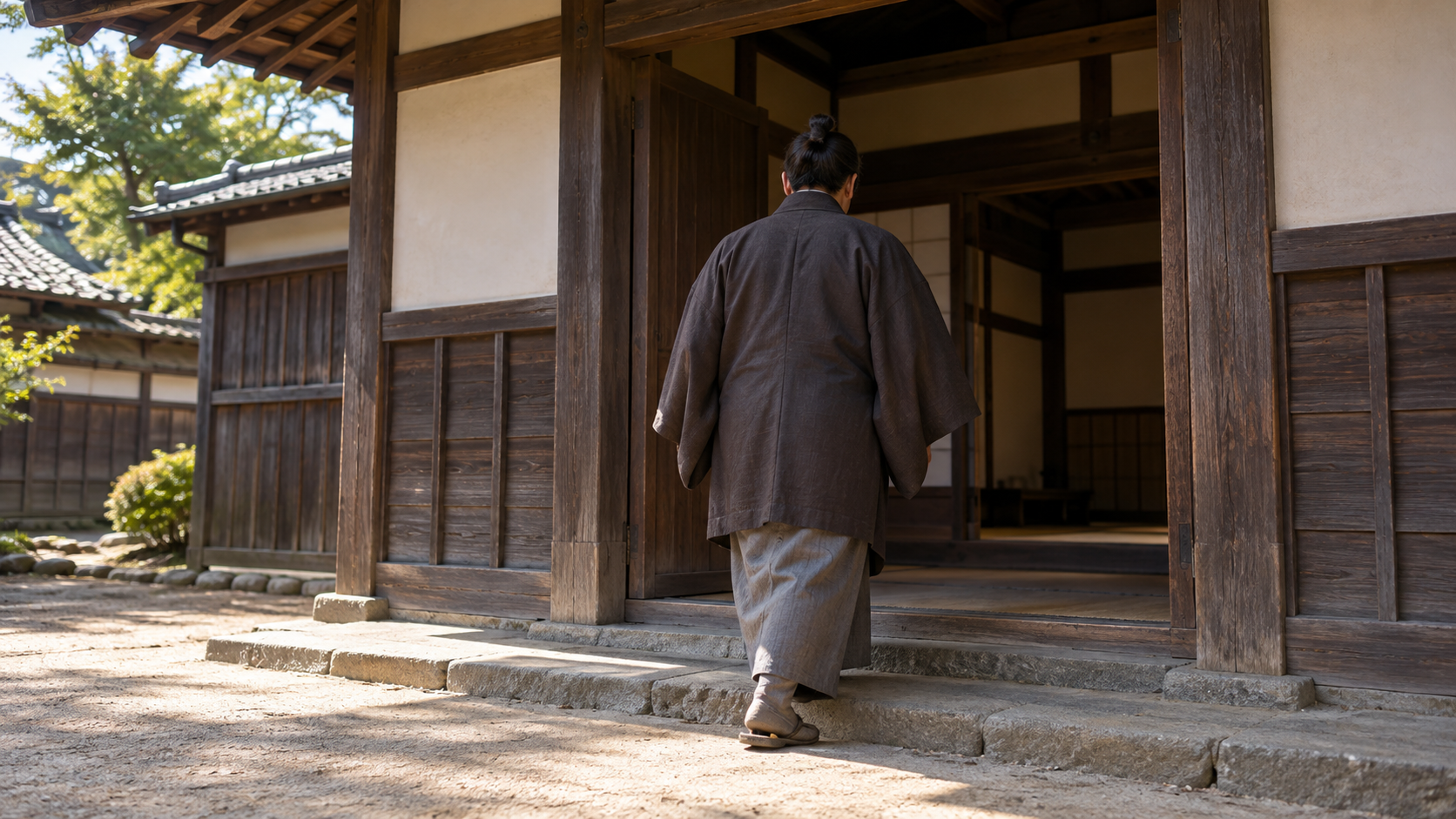 木造の建物の入口へ向かう匿名人物の後ろ姿の創作情景