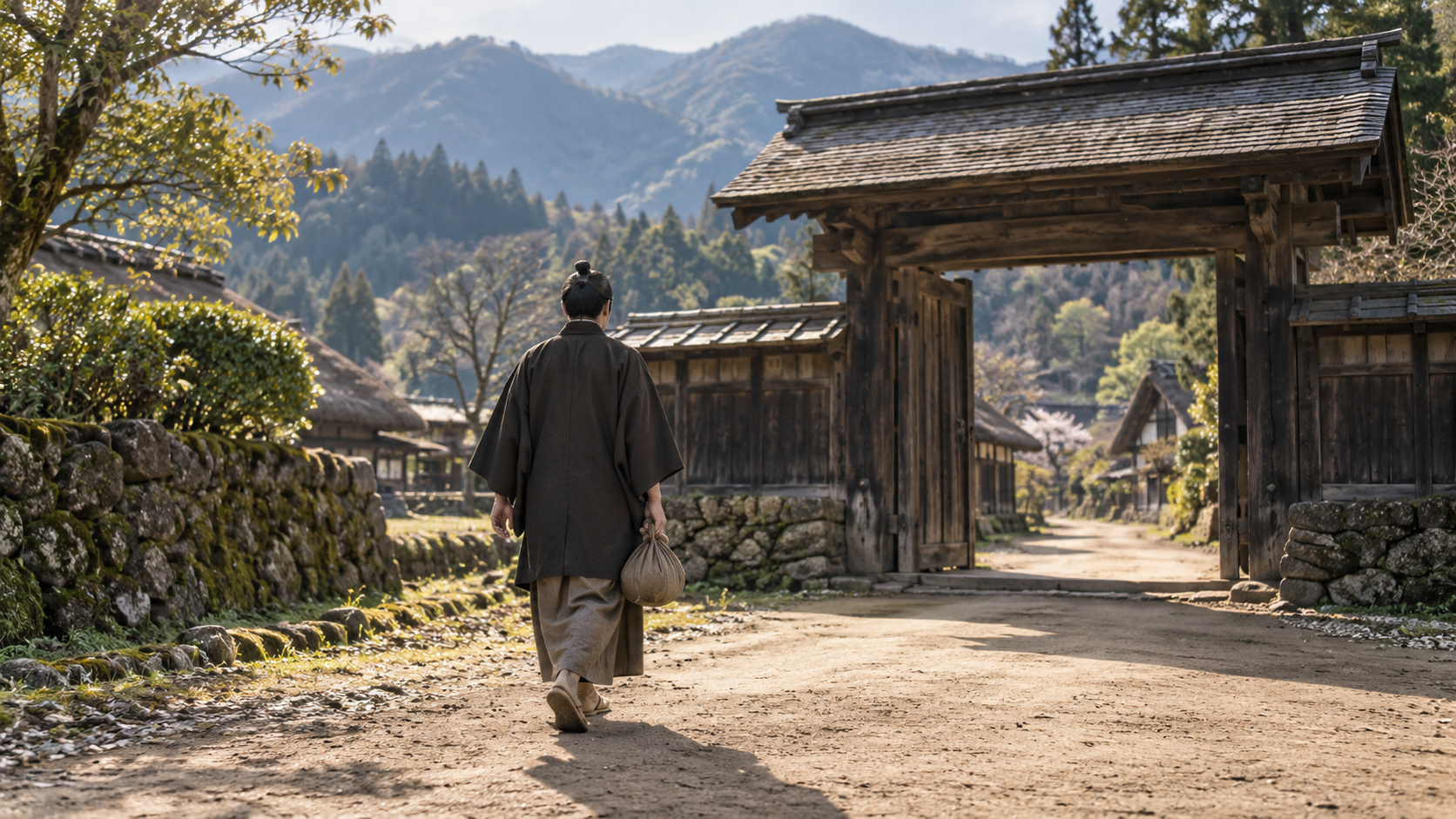 荷を手に木造の門前の道を歩く匿名人物の創作情景