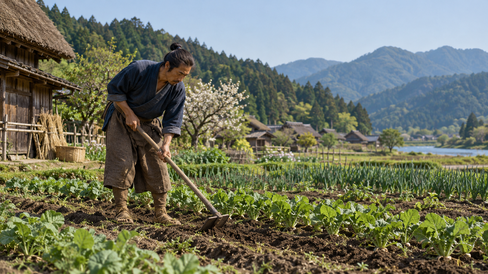 畑で鍬を使う匿名人物と山里の創作情景