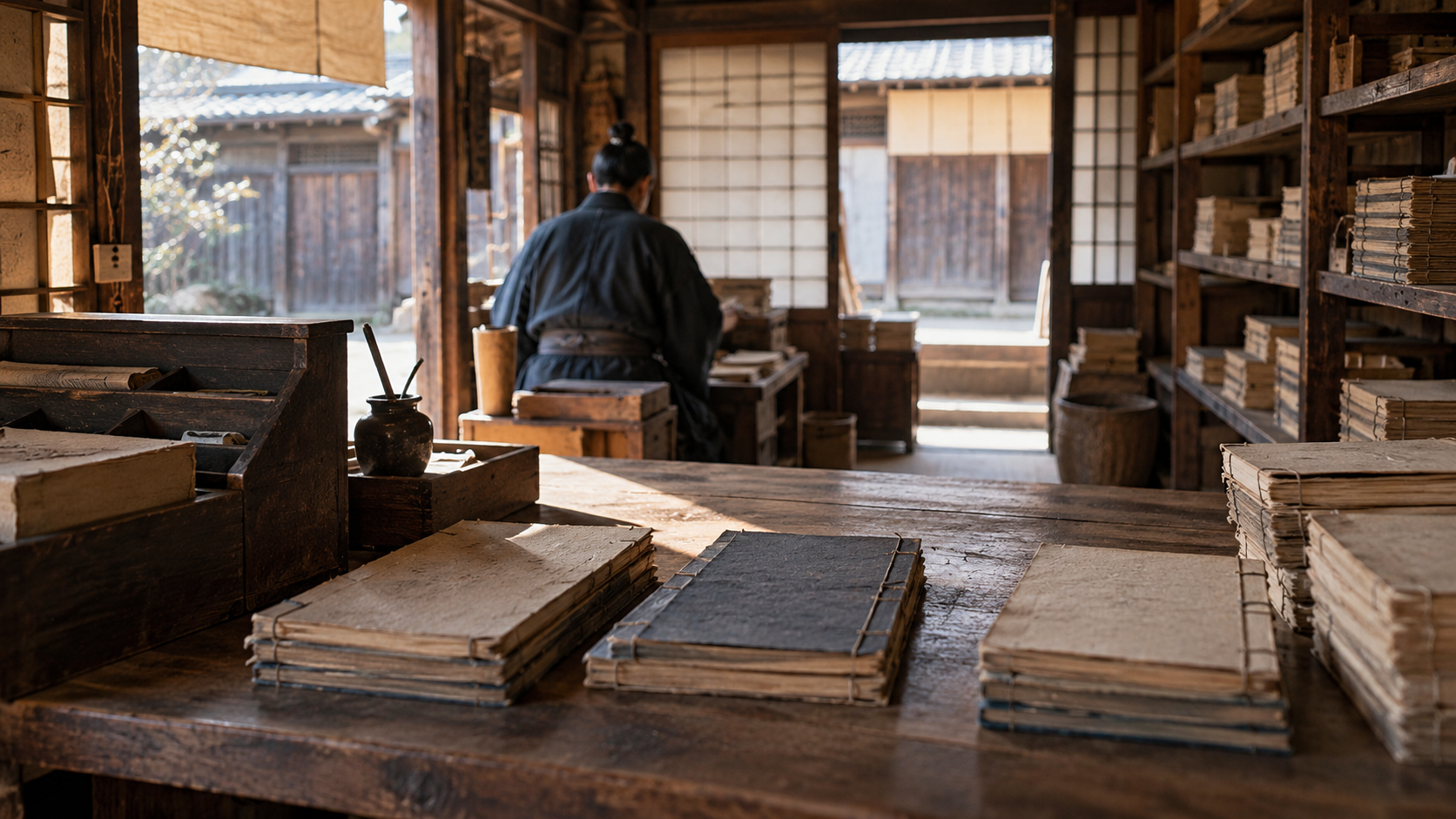 冊子の積まれた木造の室内と机に向かう匿名人物の創作情景