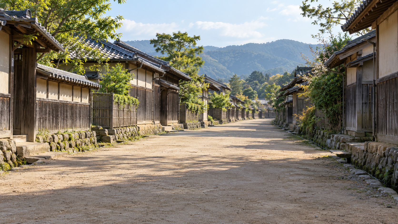 山を背にした木造の家並みと静かな道の創作景観