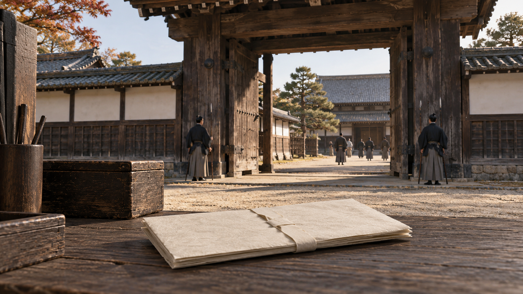 古い役所の門と束ねた文書を描いた概念風景