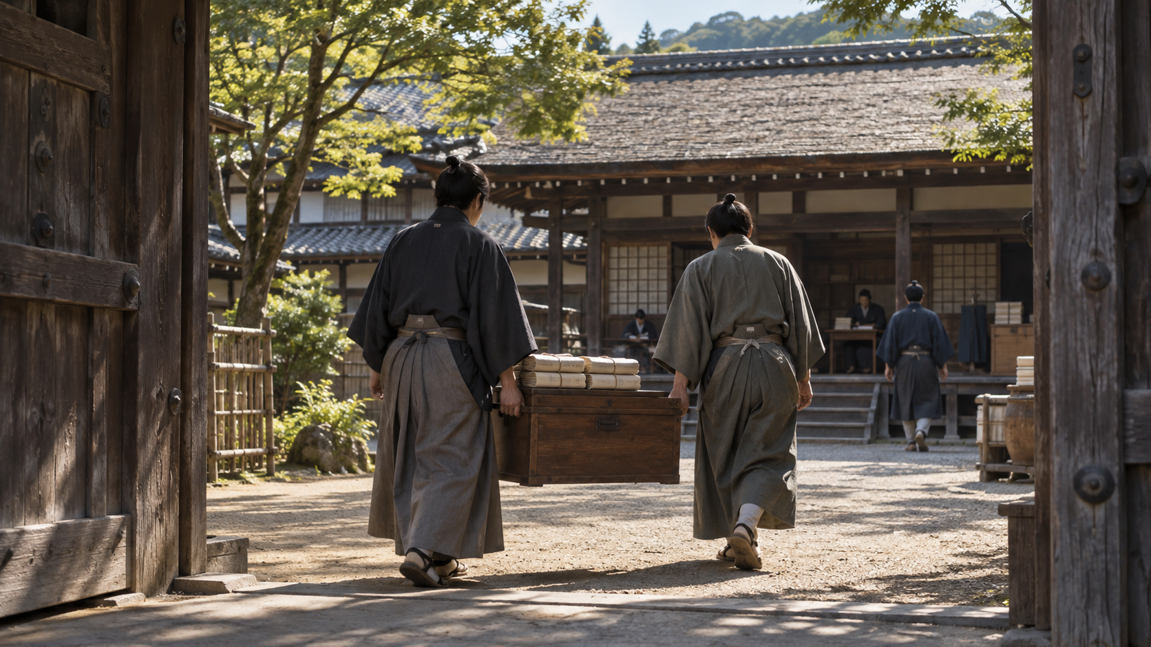 文書を納める木箱を役所へ運ぶ匿名の役人の概念情景
