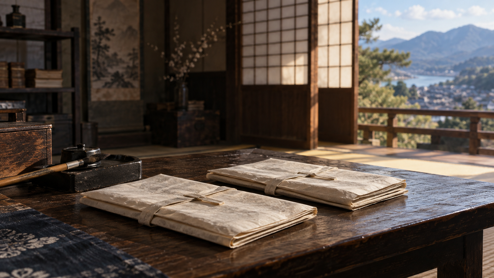 折り畳んだ和紙の文書束と筆を描いた概念静物