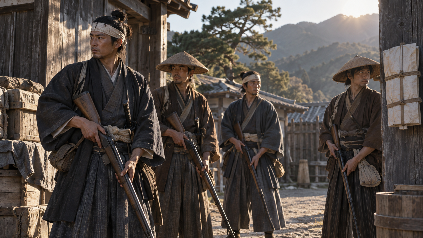 銃を下向きに持ち、役所の門のそばに立つ匿名の兵の概念情景