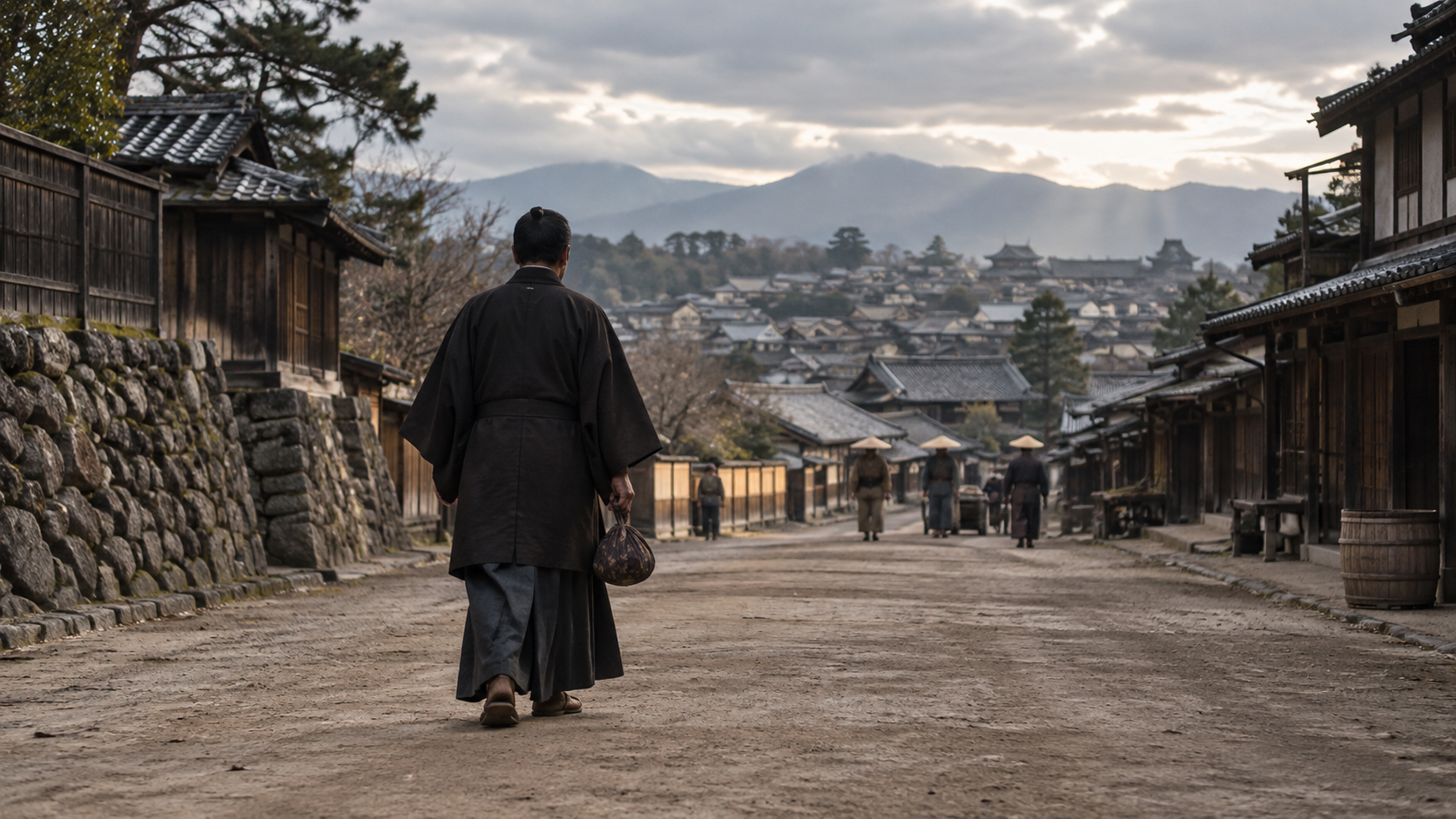 街へ向かう匿名の旅人を描いた概念情景