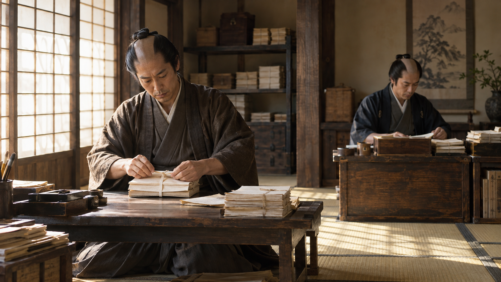 文書を整理する匿名の地方役人たちの概念情景