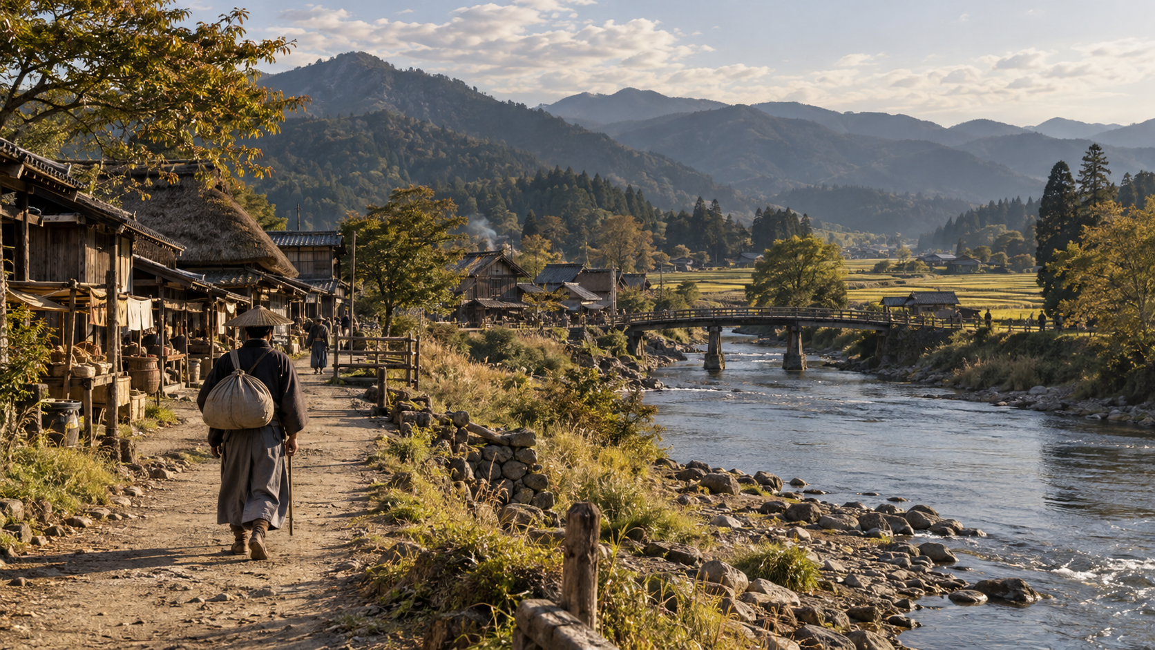 川と街道、田畑と村を描いた地理の概念情景