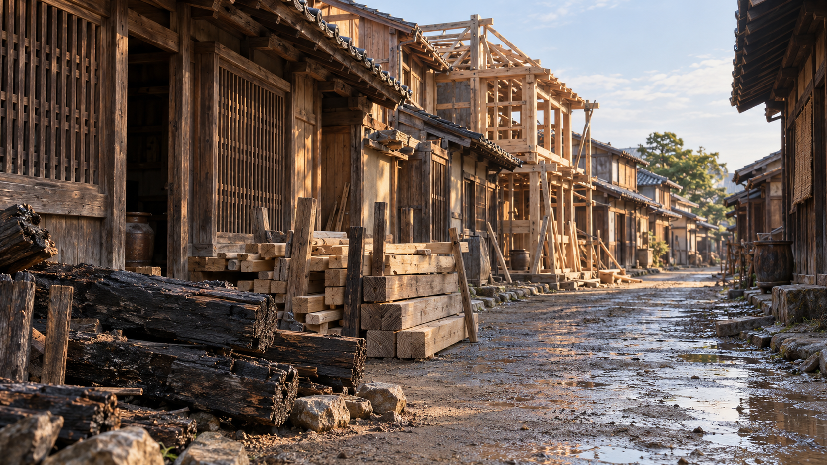 焼けた木材と建て直し途中の木造家屋が並ぶ道の創作景観