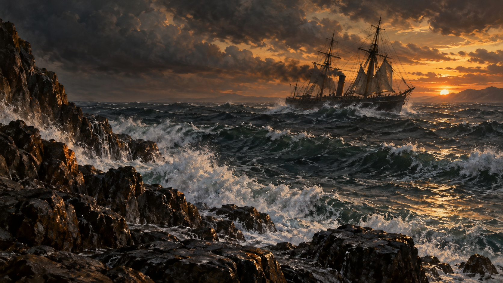 荒天の海と匿名の帆船を描いた概念情景