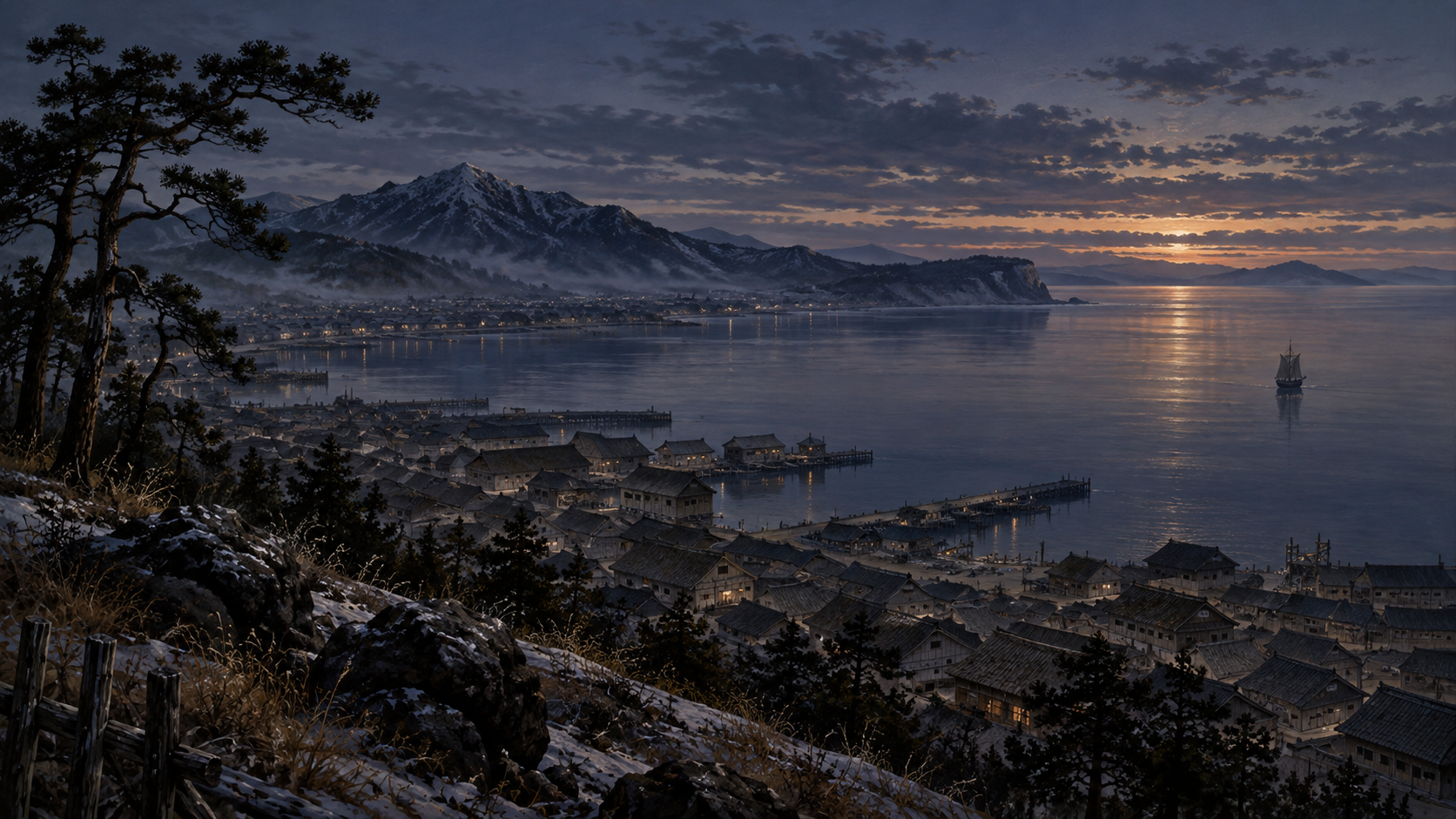 夕暮れの北の港を描いた概念風景