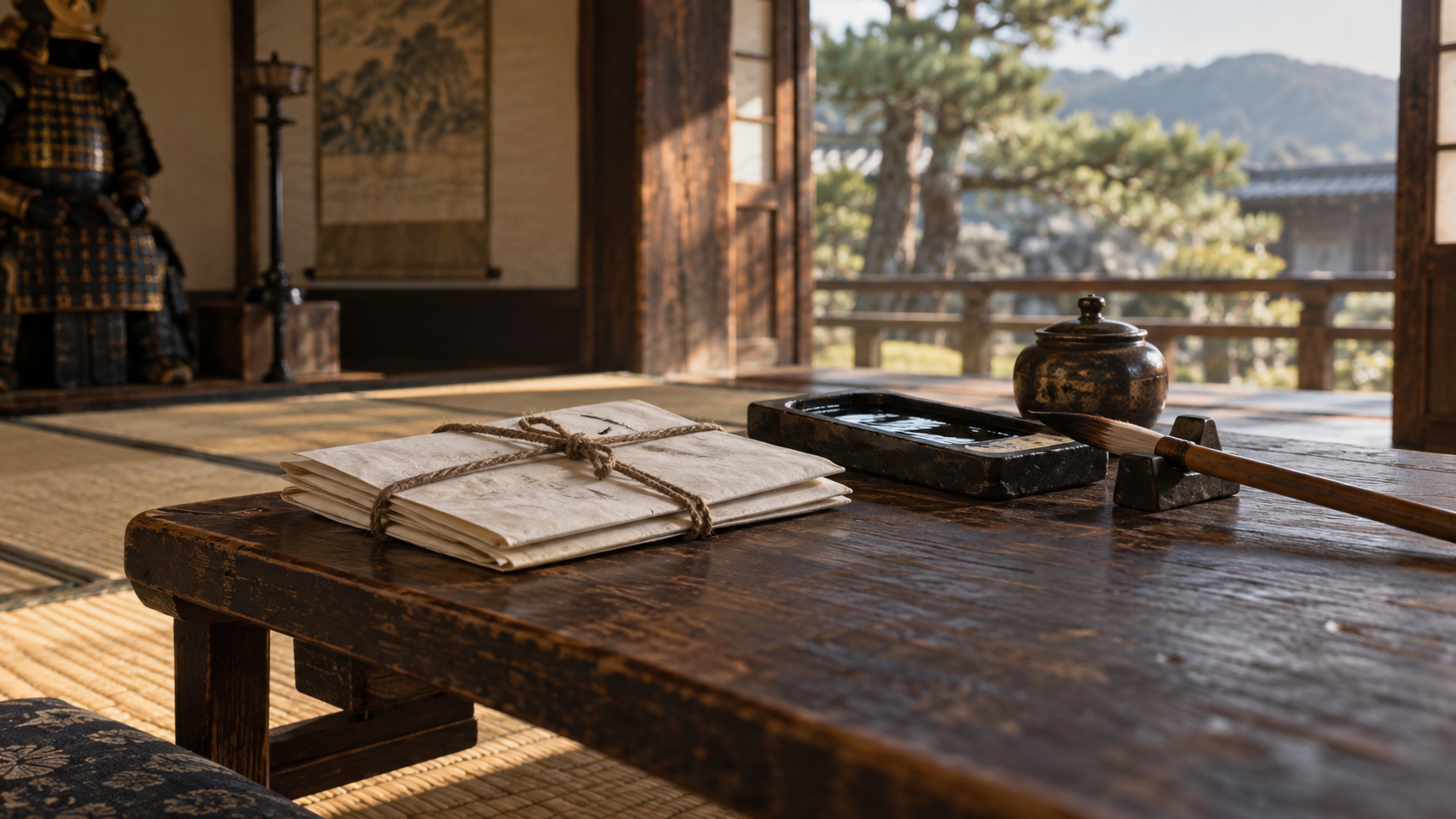 閉じた書状、筆、硯を描いた概念情景