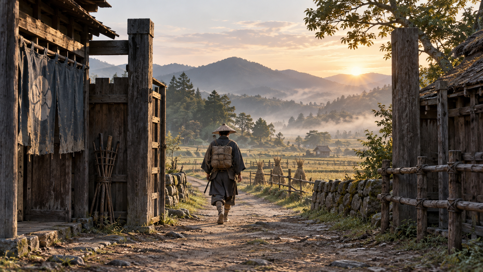 城門の向こうへ続く道と匿名の旅人を描いた概念情景