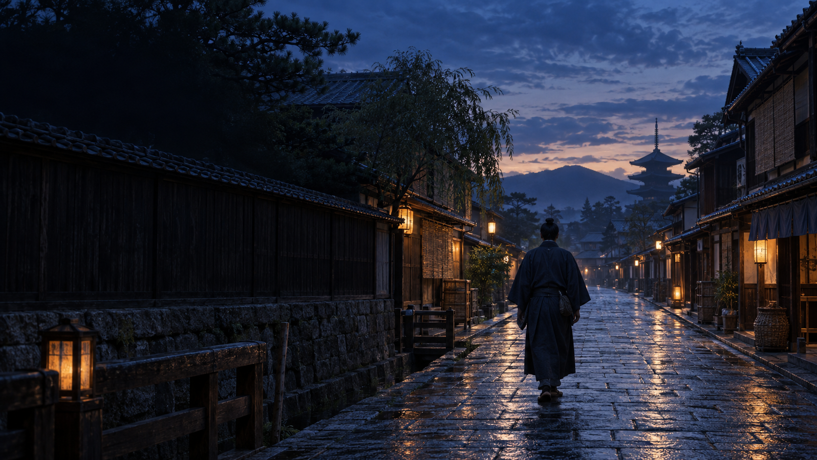 京都の道を進む人物の後ろ姿を想起させる再構成