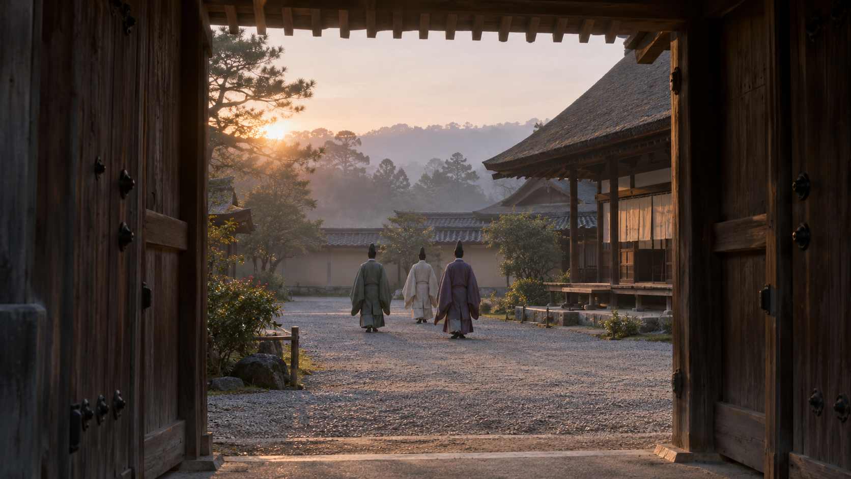 木造の門越しに、庭を歩く帽子姿の匿名人物たちを見る創作景観
