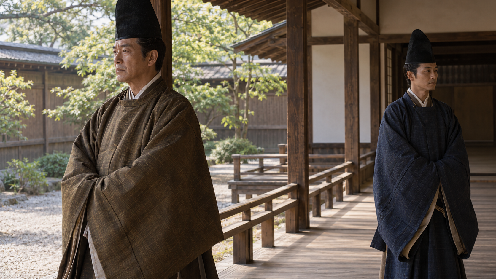 木の縁側で離れて立つ、帽子姿の年長と若い匿名男性の創作情景