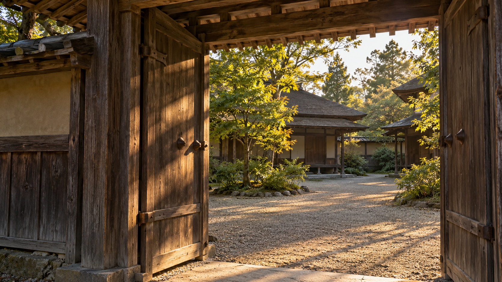 無人の木造の門から、光の差す庭と建物を望む創作景観