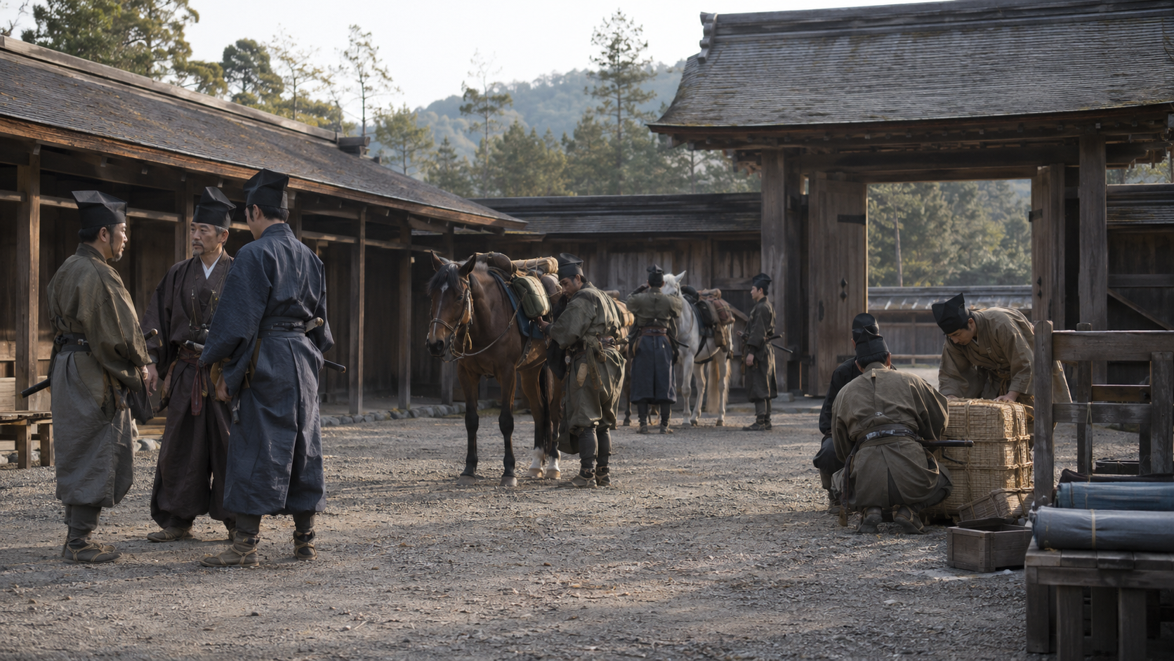 馬と荷物を携えて集まる武士を描いた架空の出立風景