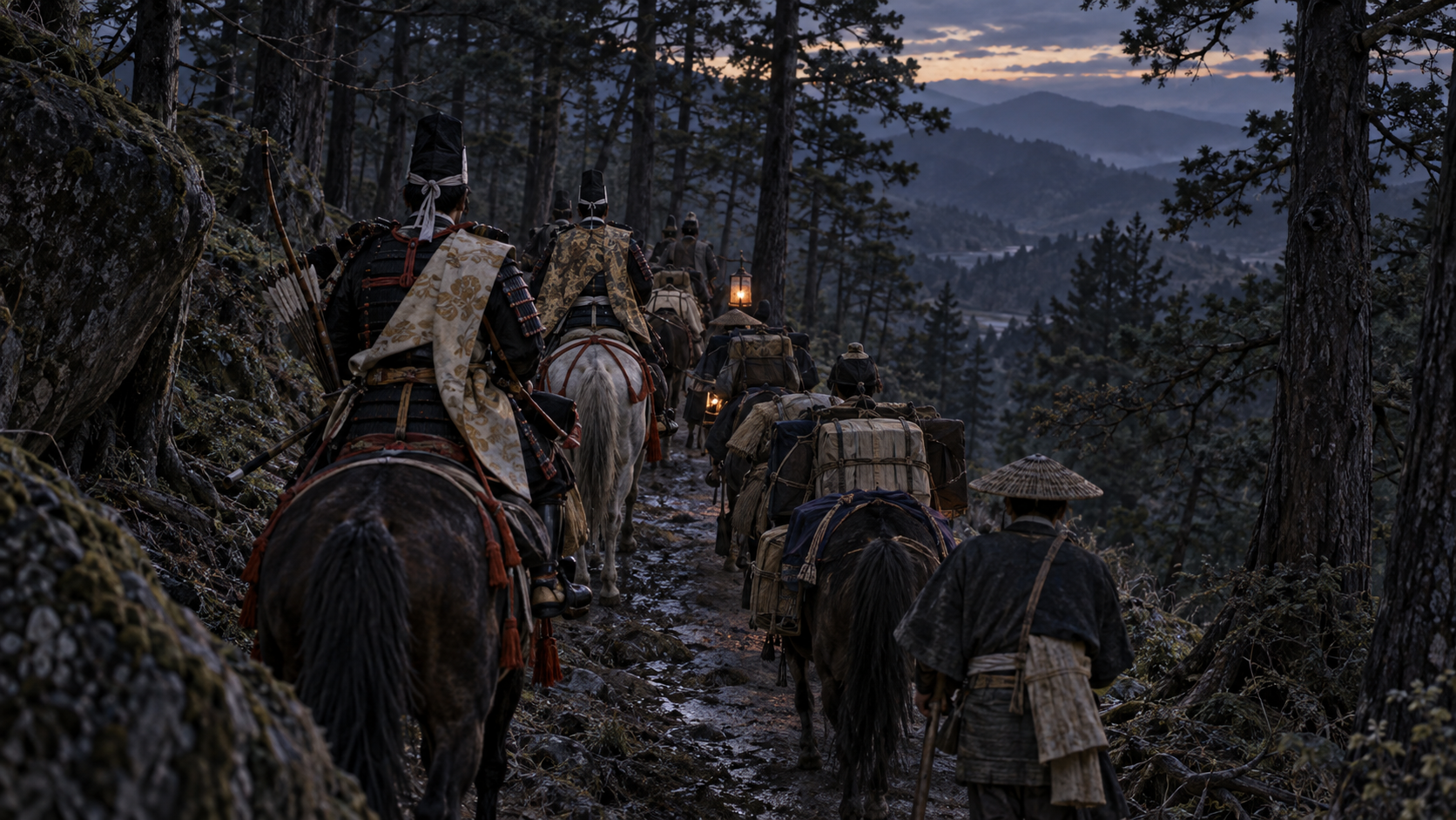 荷駄と騎馬の人々が山道を進む概念画