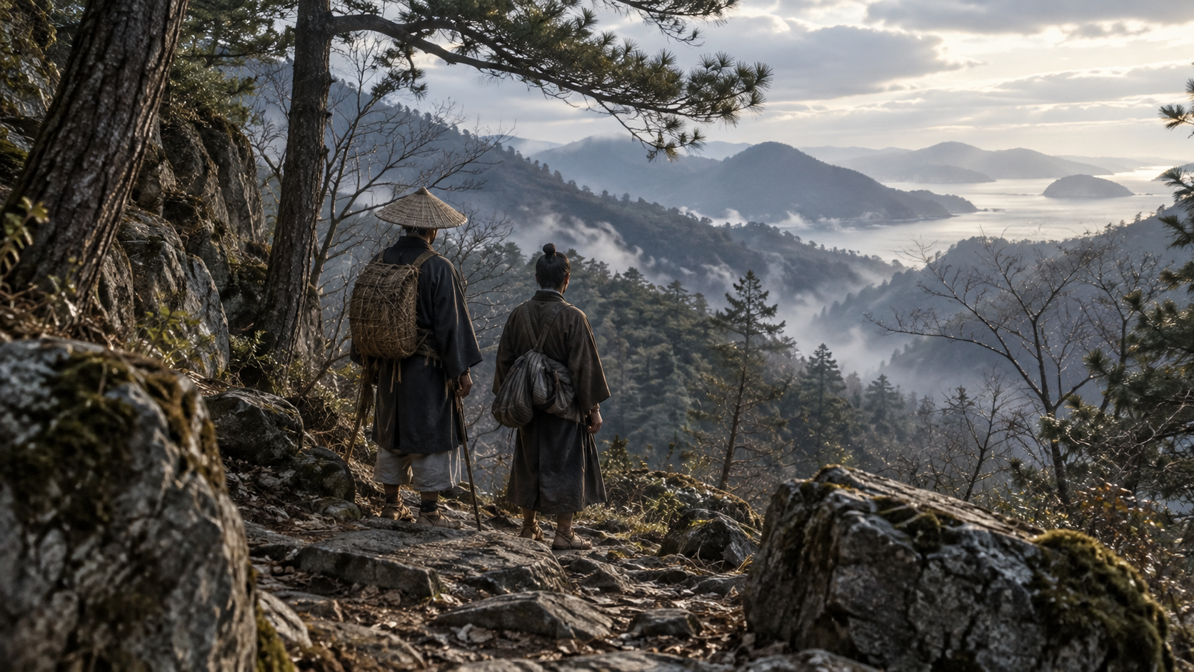 海沿いの山道と匿名の旅人を描いた概念情景