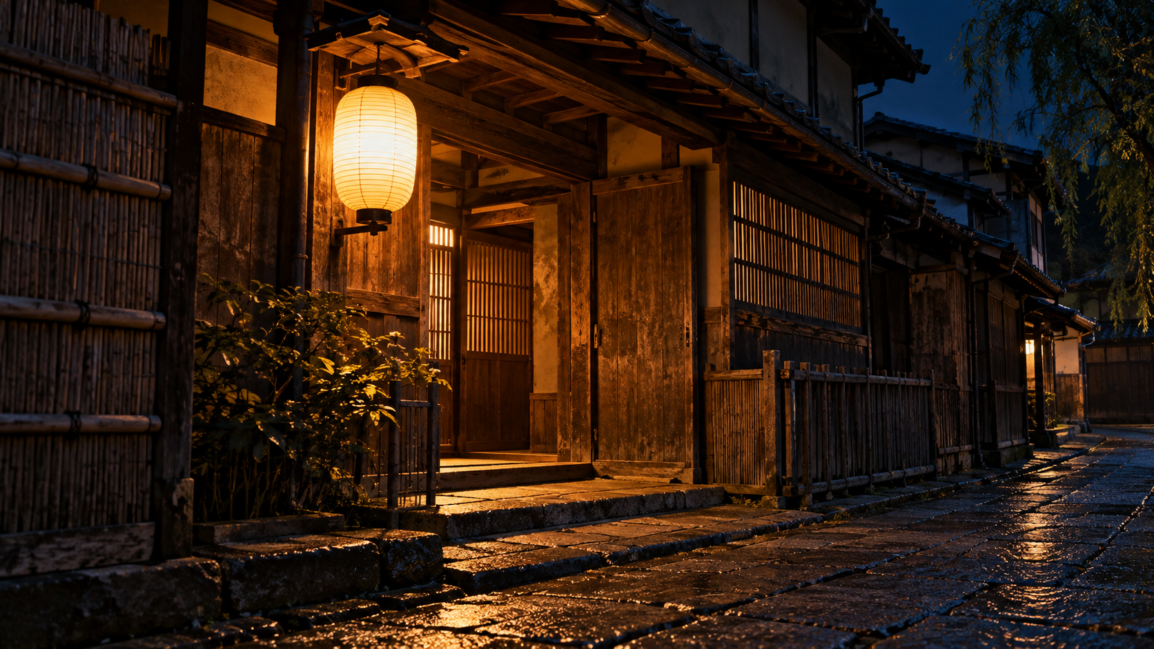 提灯の灯る木造の宿の入口と石畳を描く創作情景