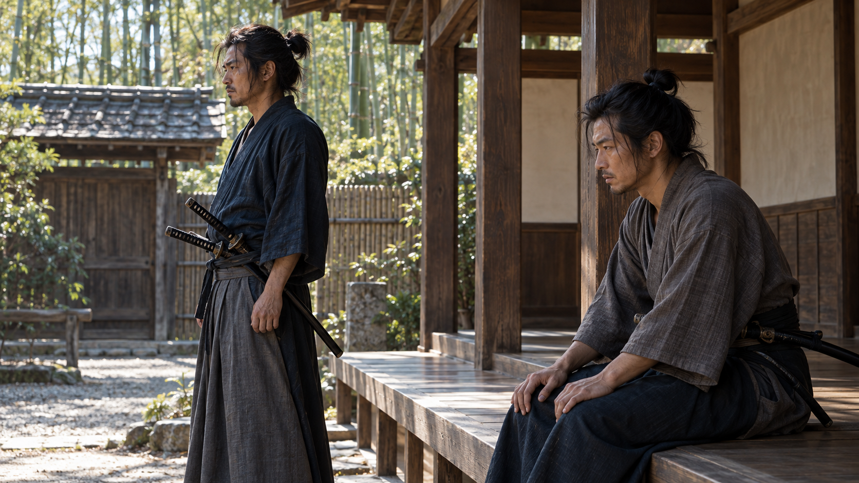 庭を望む縁側にいる匿名の武士二人の創作情景