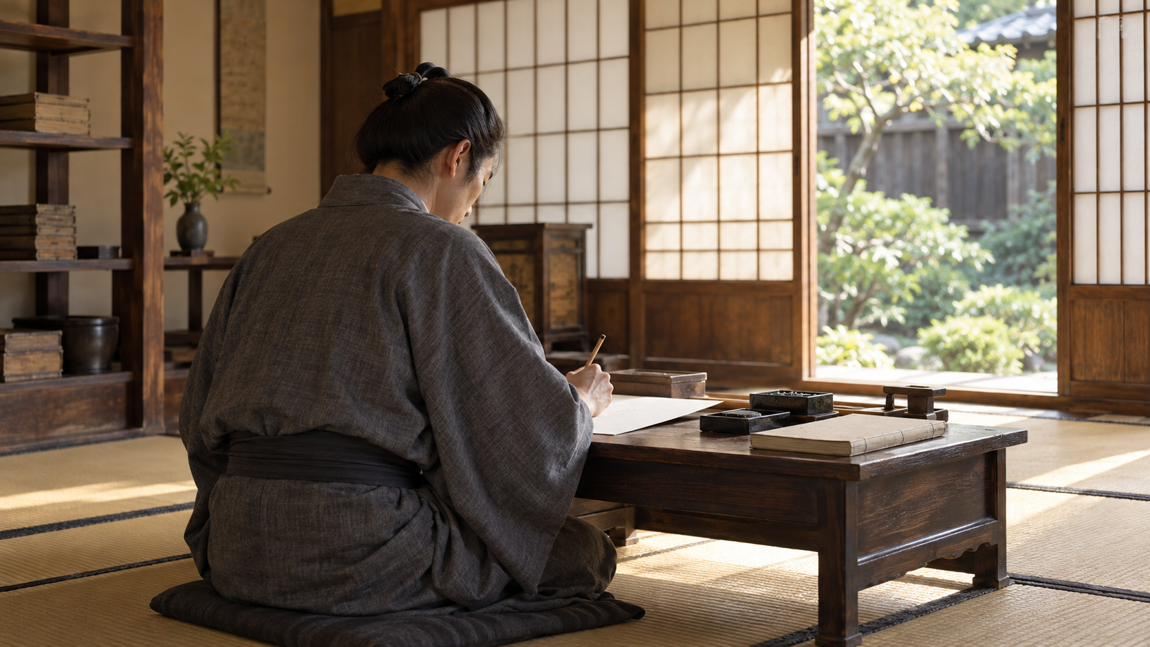 明るい座敷の机で白い紙に向かう匿名人物の後ろ姿