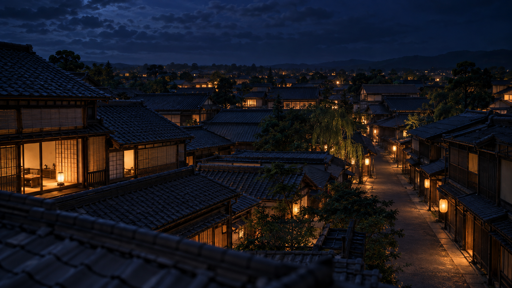 夜の木造の町並みを屋根越しに望む創作景観