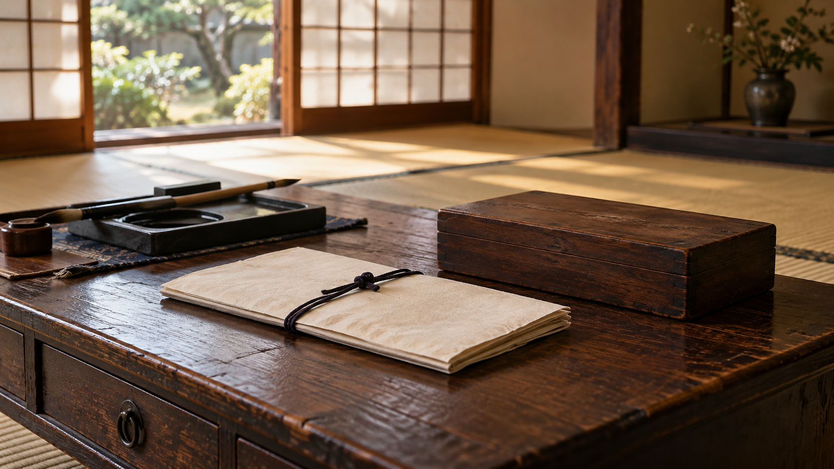 白い冊子と木箱、筆記具を置いた机の創作静物