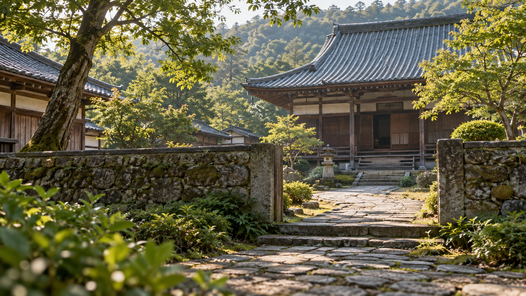樹木と石塀のある寺院の入口を描く創作景観
