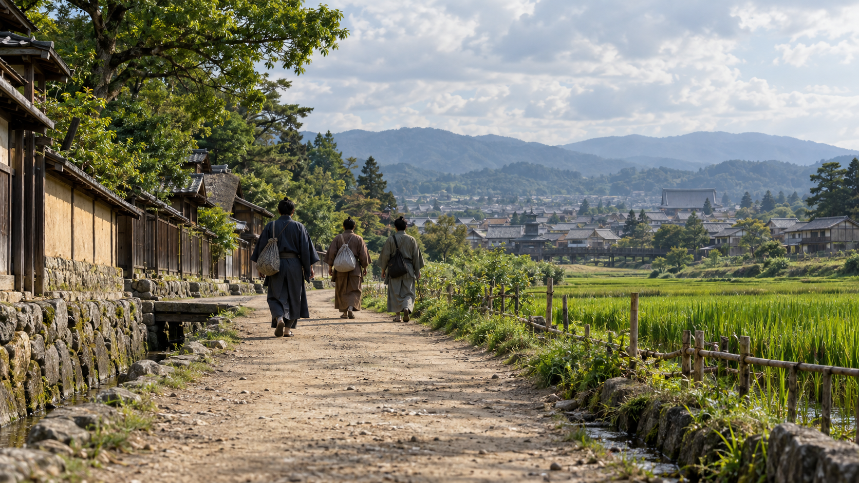 田畑に沿う道を進む匿名の武士と遠景の町