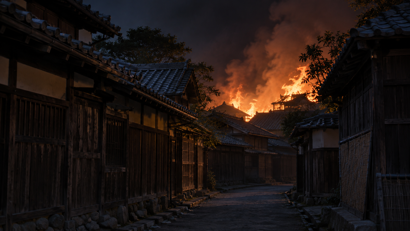 木造の町の向こうで大きな火が上がる創作景観