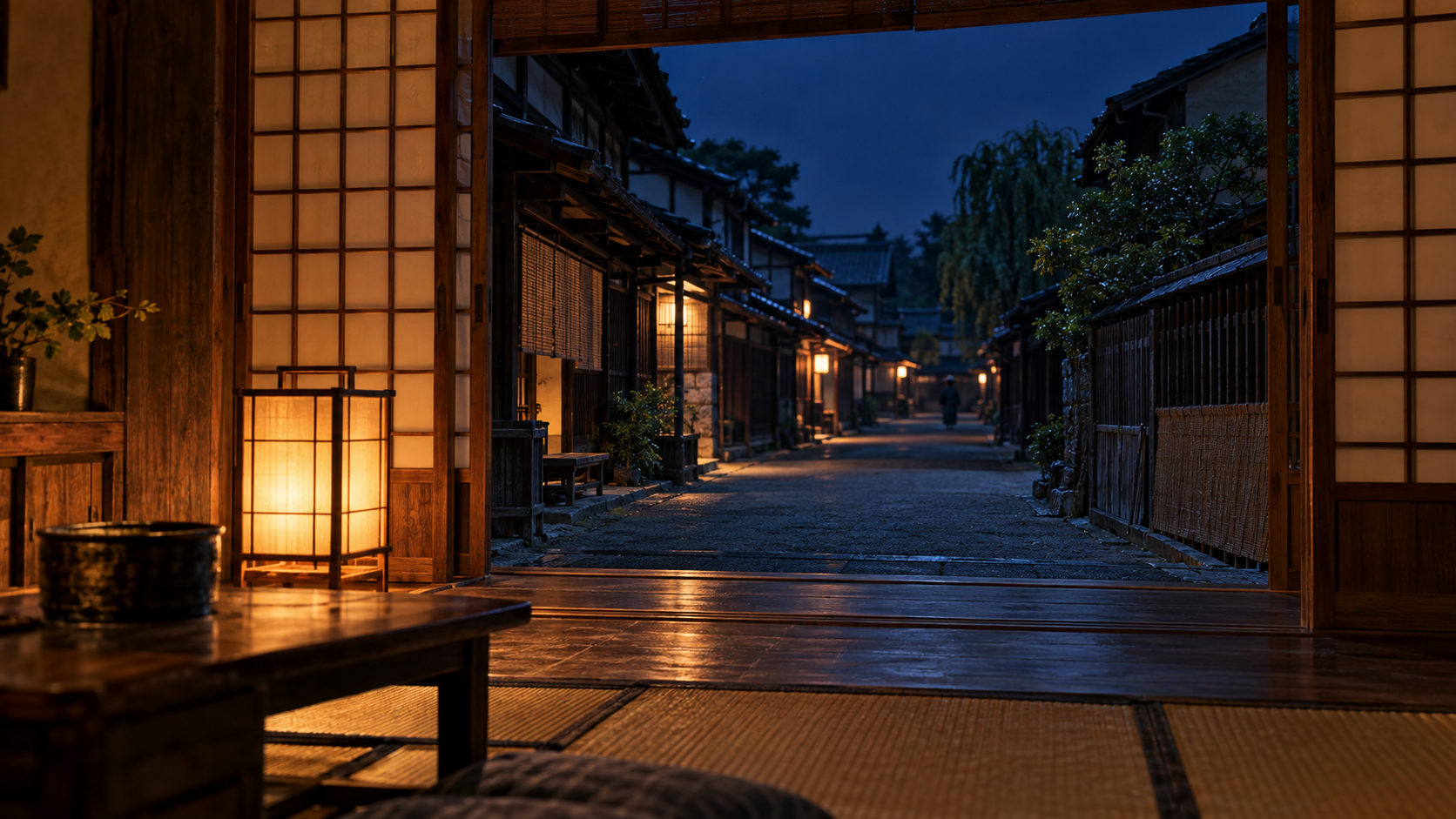 灯りのある宿の室内から夜の通りを望む創作情景