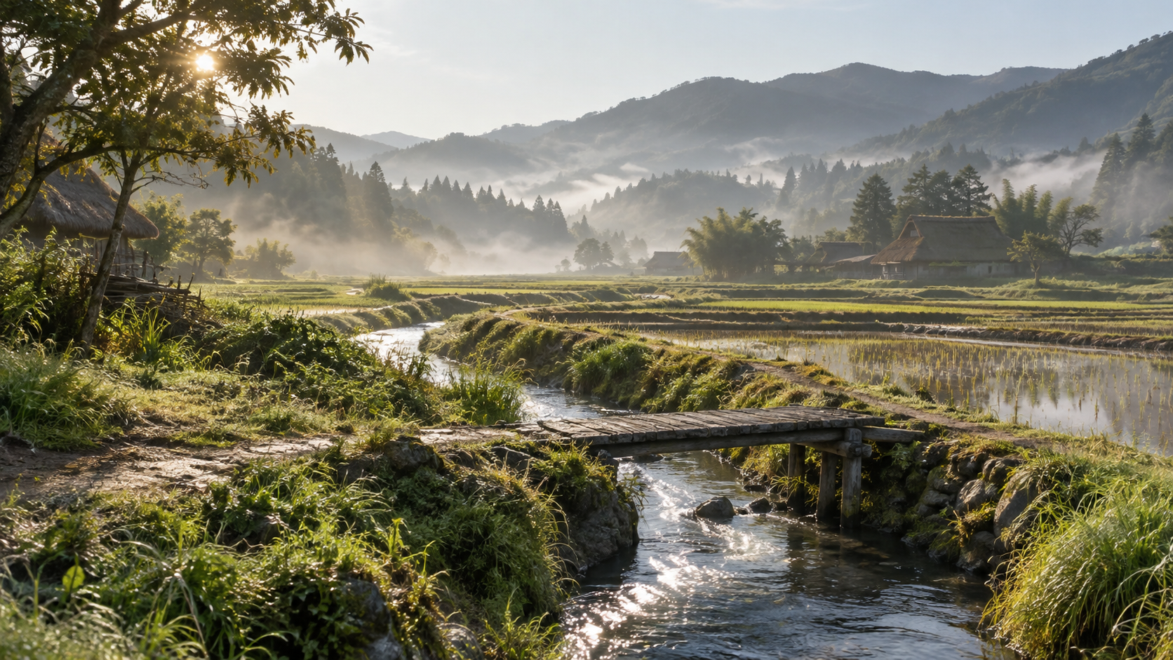 山を背景に水路と田が広がる架空の農村の創作情景