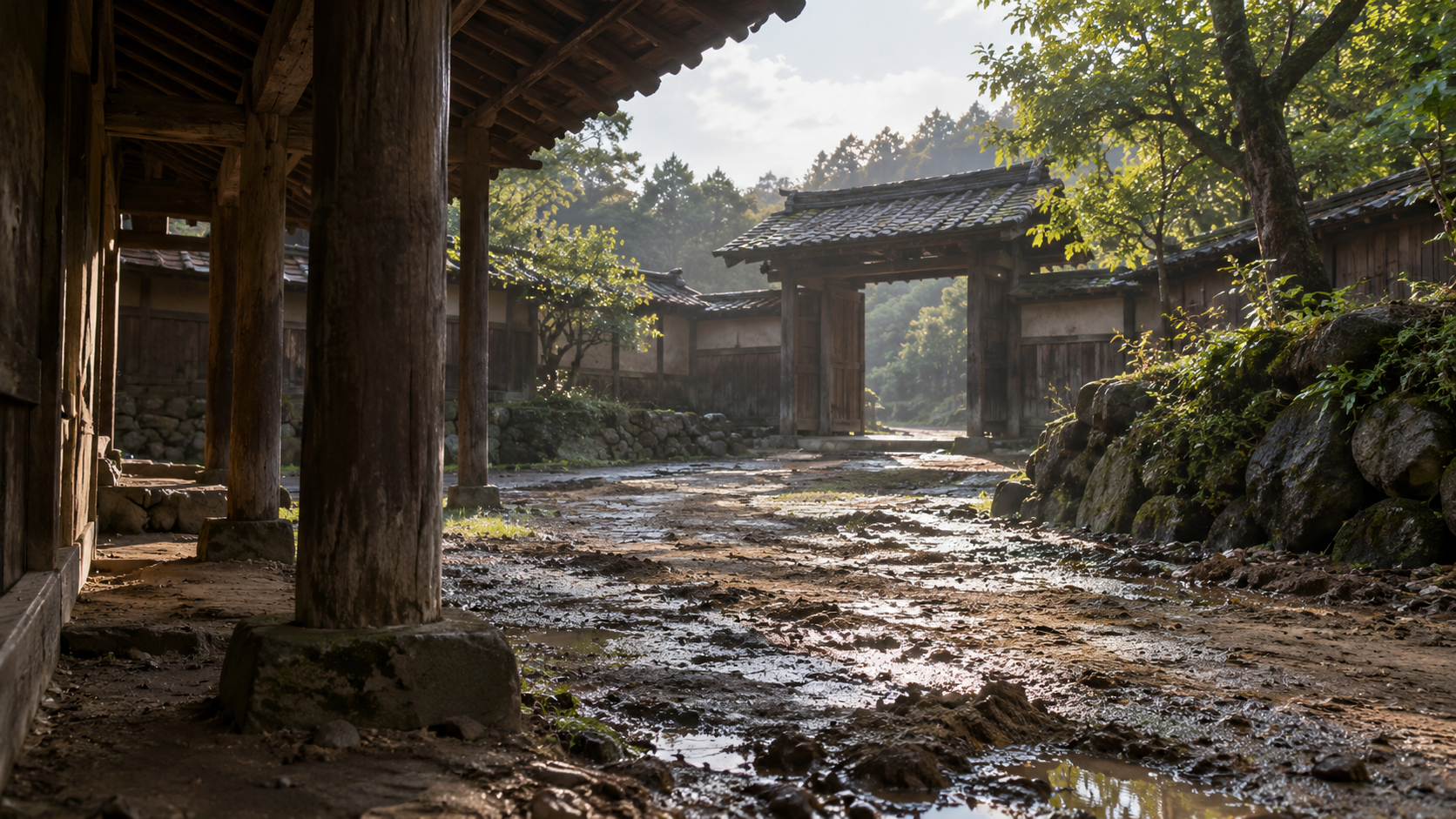 木造の軒下から雨上がりの道と門を望む創作情景