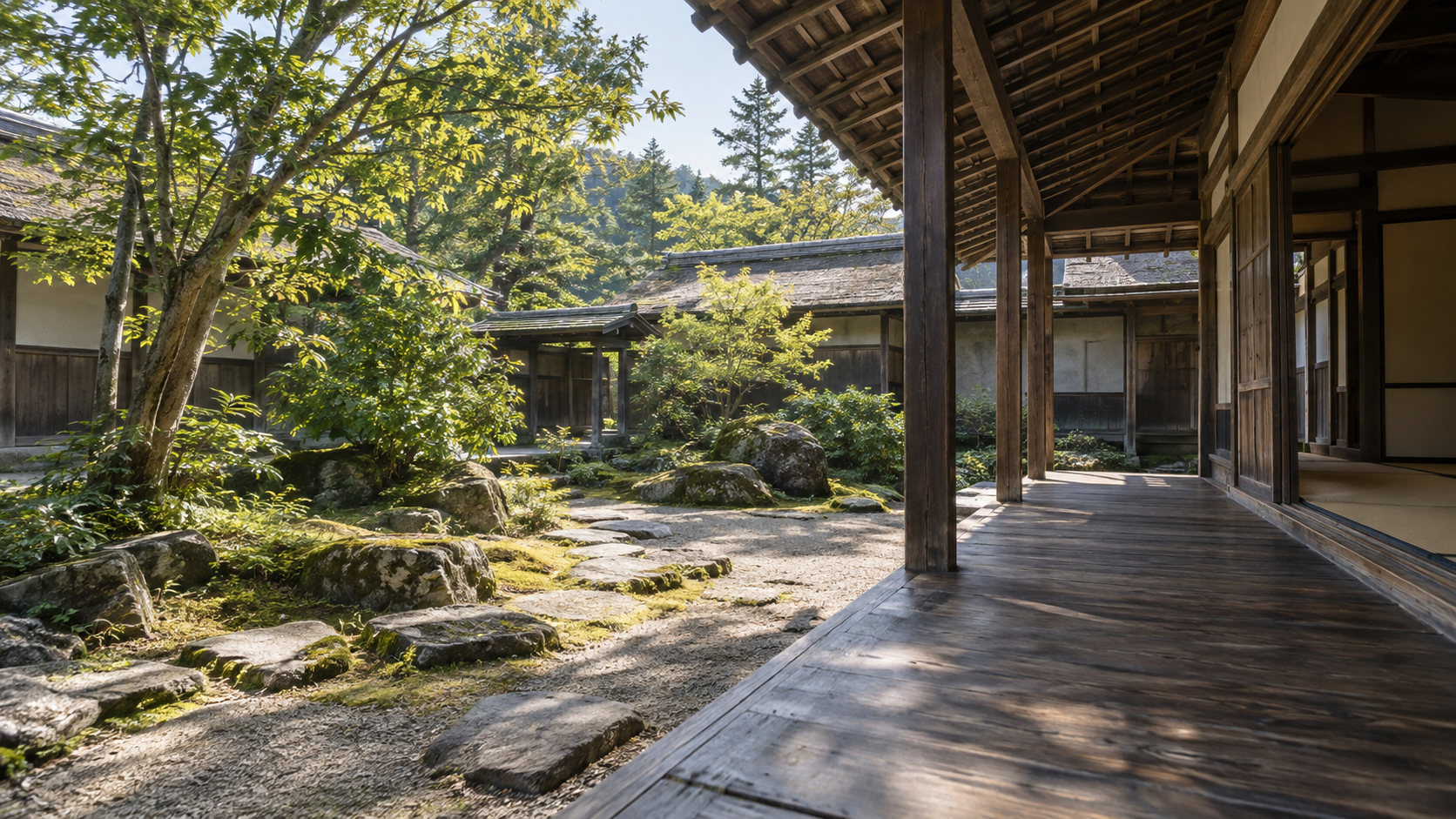 縁側から庭を望む架空の木造居館の創作情景